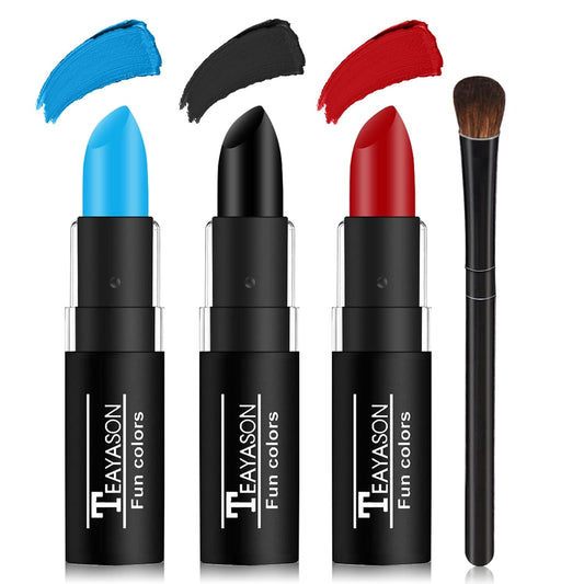 DAMUSI 3 Colors Face Body Paint Sticks for Skin Eye Black Baseball Softball Football Sticks with Brush,Suitable for Clown Cosplay Halloween Joker Vampire Makeup（Blue/Black/Red Face Paint Sticks）