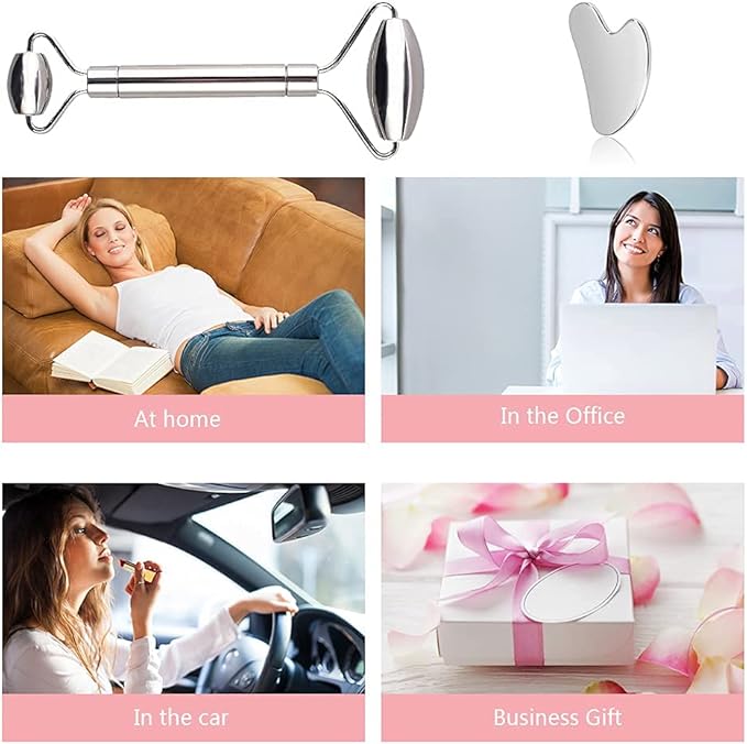 Gua Sha Facial Tools Stainless Steel Face Roller and Gua Sha Set for Puffiness and Skin Care Routine,Lymphatic Drainage, Facial Tension