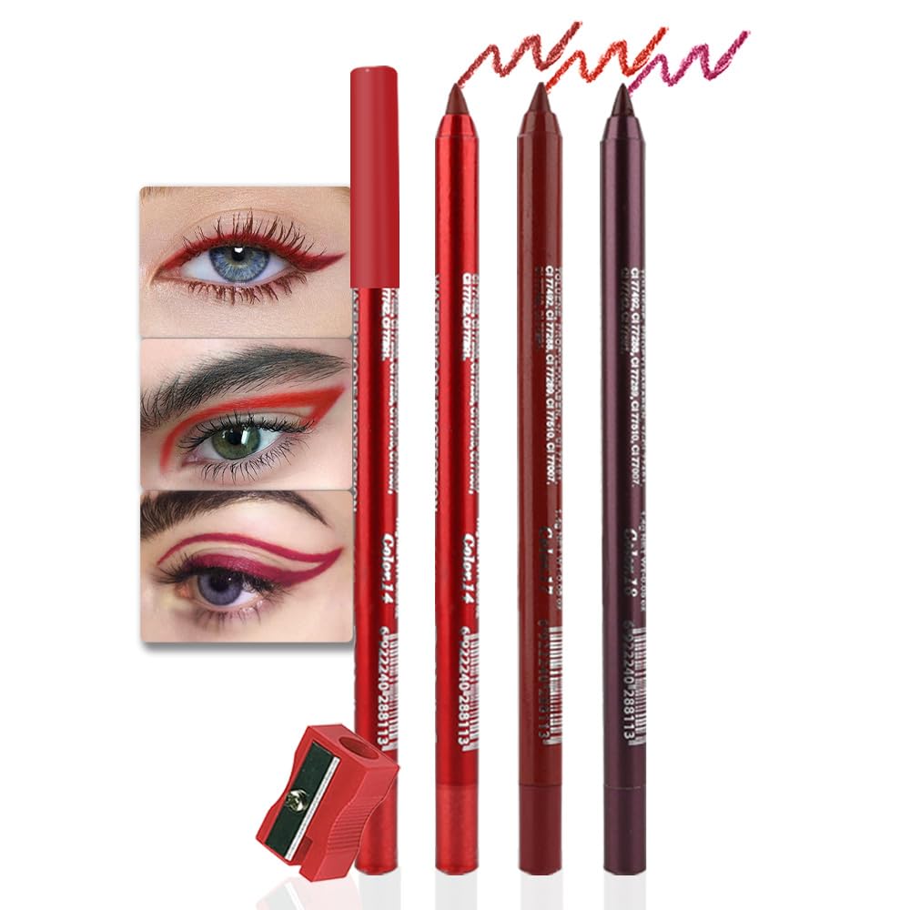 evpct 3Pcs Red & Ruby Red & Wine Red Gel Glitter Eyeliner Pencils Set for Women Waterproof Smudge Proof lapiz de ojos delineador de ojos contra el agua Eye Liner Makeup 14 17 18