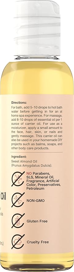 Coera Sweet Almond Oil for Face, Hair, Skin & Nails | 4 fl oz | Cold Pressed & Hexane Free | Carrier Oil | Free of Parabens, SLS, & Fragrances