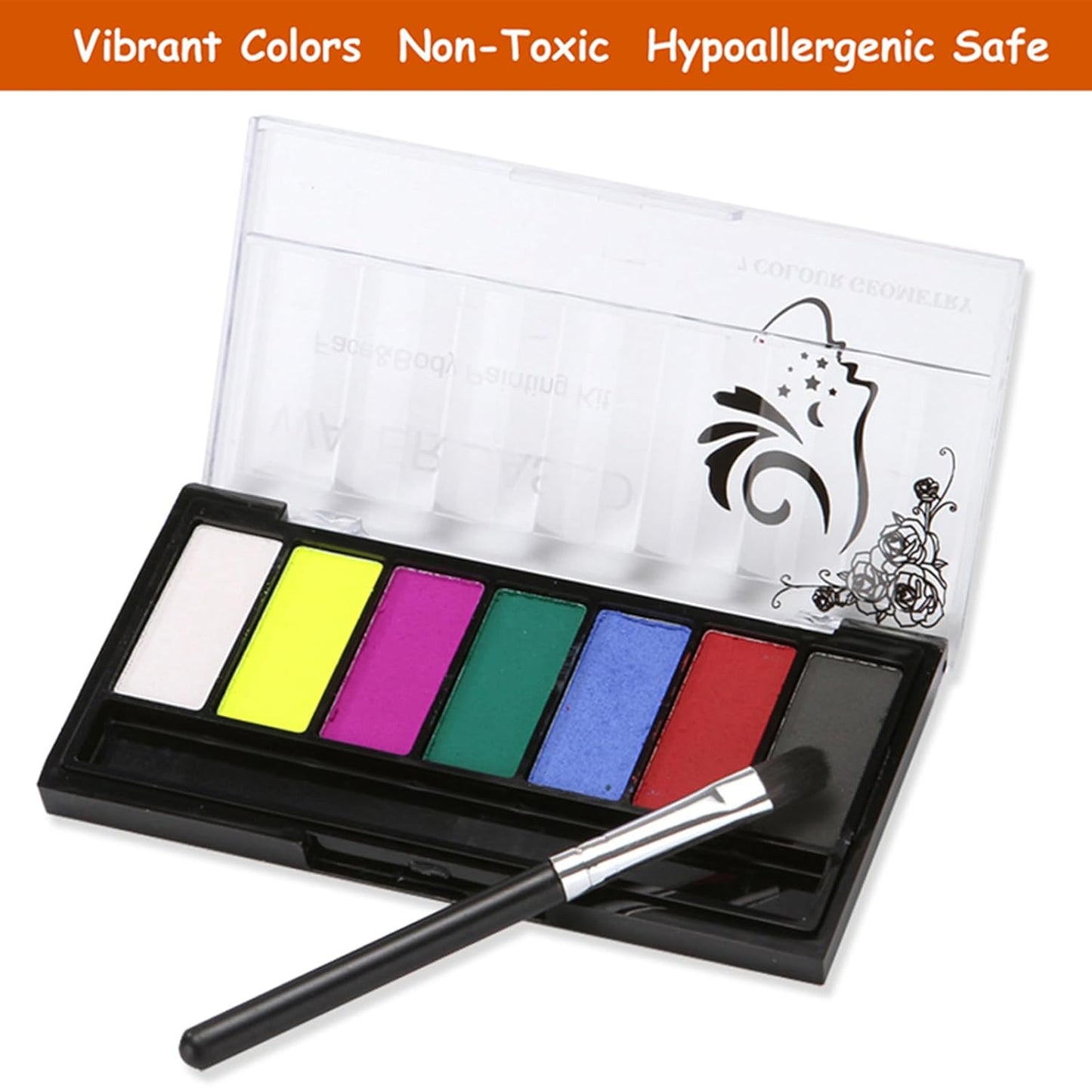 Face Body Paint Kit for Kids Adults,7 Vibrant Colors Water Activated Professional Facepaint with Brush, Non-Toxic for Halloween, Parties, Carnival, School Event, Festivals