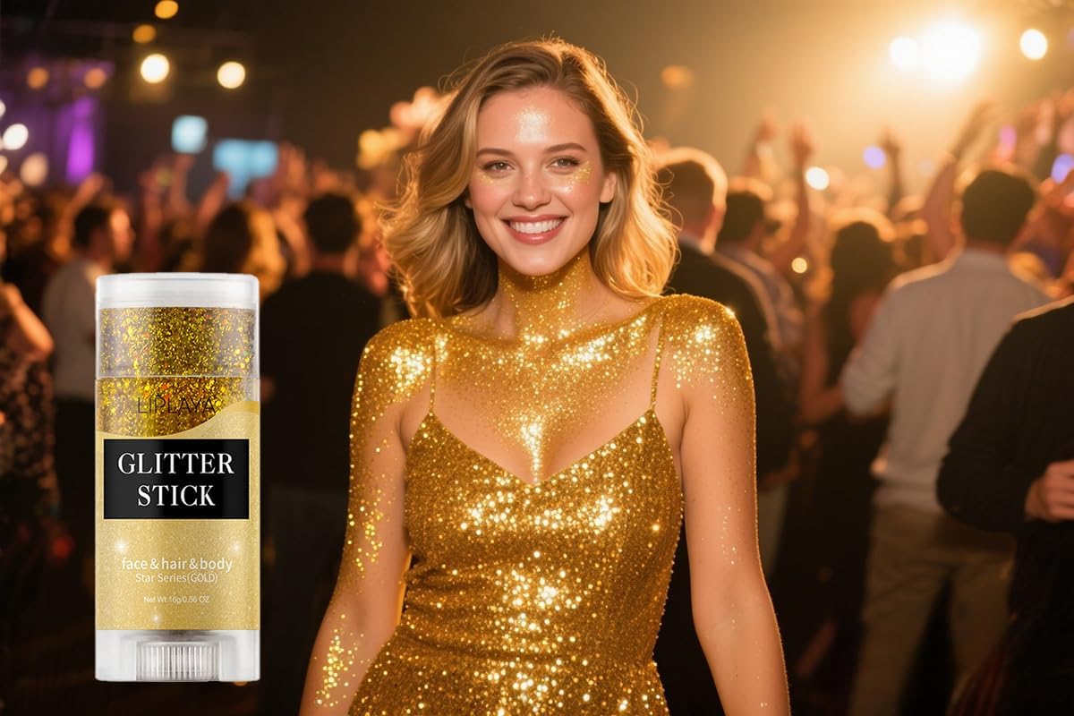 Face and Body Glitter Stick,Holographic Sparkling Neon Outfit Singer Concert Music Rave Festival Party Accessories Glitter Gel. (Gold)