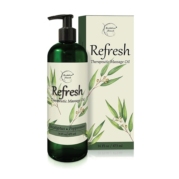 Refresh Massage Oil for Massage Therapy with Eucalyptus & Peppermint Essential Oils - All Natural, Great for Sore Muscles. Ideal for Full Body Relaxation – Nut Free Formula 16oz
