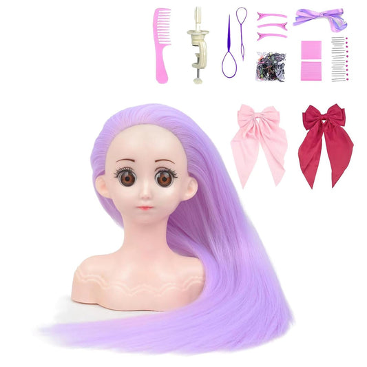 Small Doll Head For Hair Styling,Mini Synthetic Mannequin Head,Doll Head With Clamp Holder & Tools, Practice Doll Head For Hair Braiding,Styling and Cutting with Two Bows (Light purple)