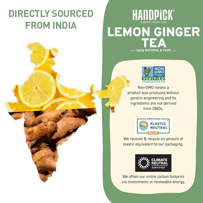 HANDPICK, Lemon Ginger Herbal Tea, Eco-conscious Tea Bags - 100 Pyramid Tea Bags | 100% Natural Ingredients, Hand-made Blend of Lemon & Ginger | Caffeine Free, Gluten Free | No Artificial Ingredients