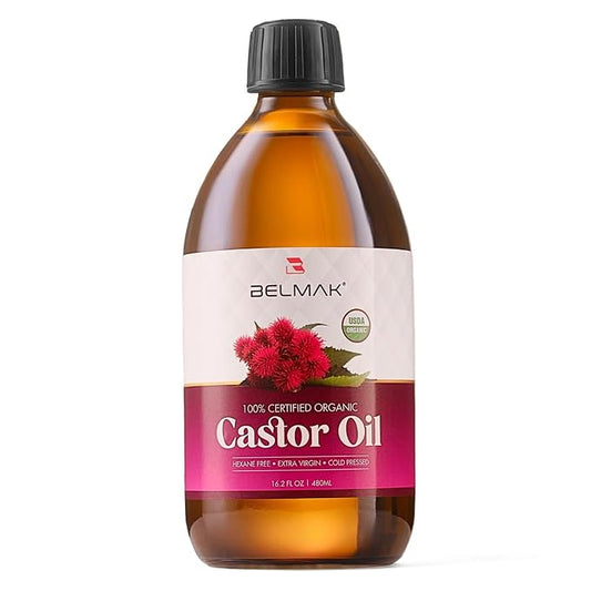 Organic Castor Oil Cold Pressed Unrefined (Glass Bottle 16.2 Oz), USDA Certified Organic, Aceite de Ricino 100% Pure y Natural, Hexane Free, Castor Oil for Hair Growth, Eyelashes & Eyebrows.
