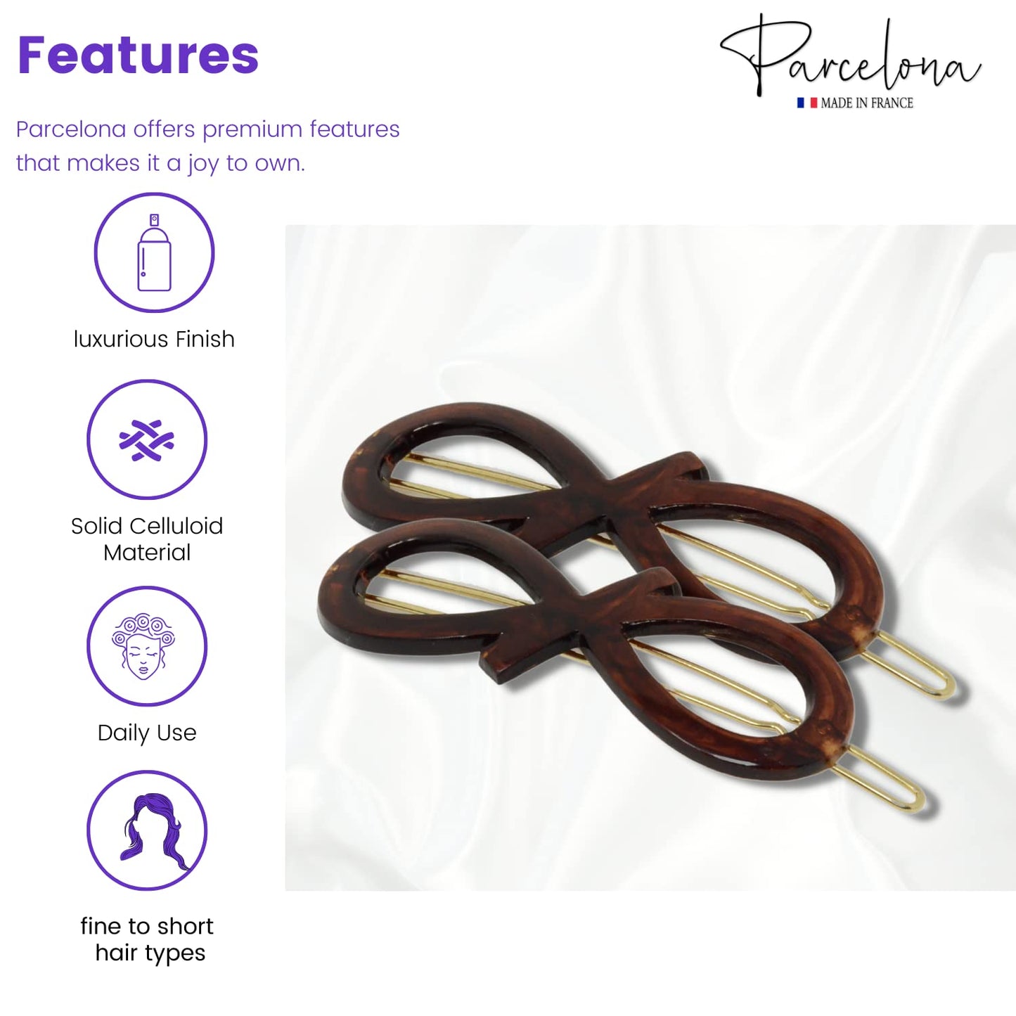 Parcelona French Ribbon Knot Infinity 2 1/4" Small Celluloid Acetate Hair Clips with Tige Boule Clasp Set of 2 Fashion Durable Styling No Slip Grip Women Hair Accessories Girls Side Slide-in Barrette Clip ,Made in France (Tortoise Shell)
