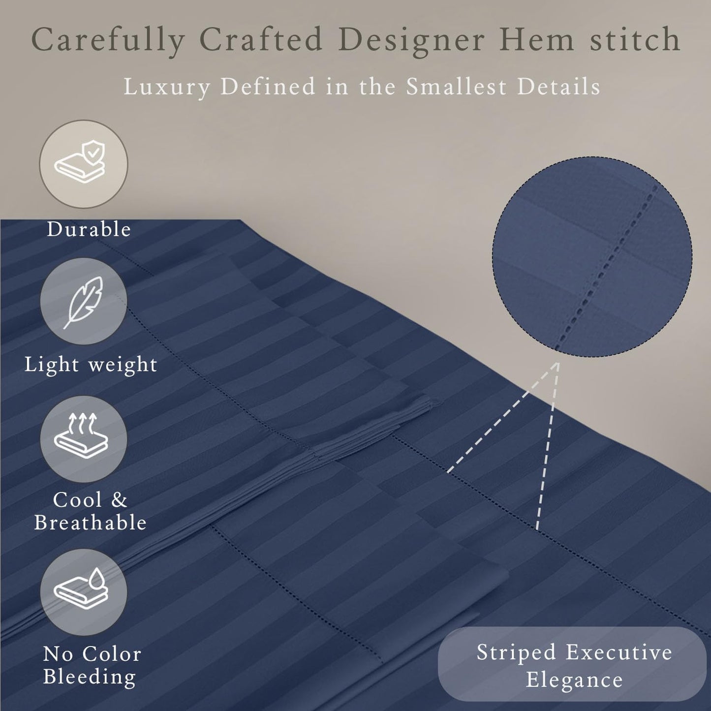 Threadmill 500 Thread Count Queen Size Damask Stripe, 4 Pc Luxury Cotton Sheet Set, Silky Smooth Folkstone Blue Sheets with 16" Elasticized Deep Pocket, 2 Pillowcases & Free Tote Bag