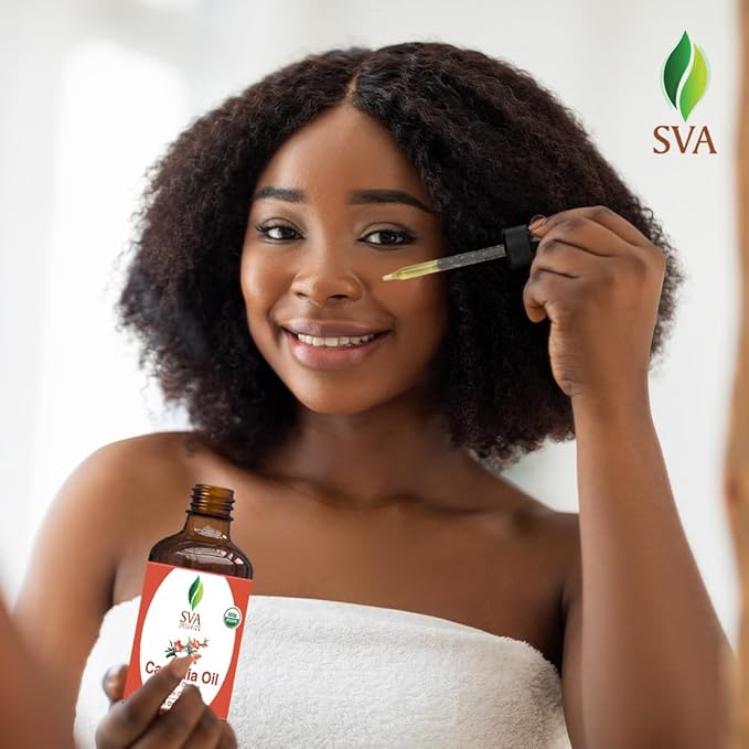 SVA Camellia Seed Oil Organic - 4 Fl Oz – 100% Natural Cold Pressed Organic Camellia Oil - for Face, Skin Care, Hair Care, Scalp Massage & Body Massage – Carrier Oil with Dropper