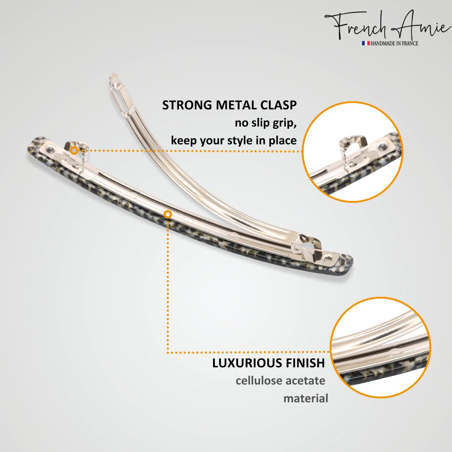 French Amie Long and Thin Opera Large 4" Handmade Celluloid Hair Barrette French Hair Clip for Girls Strong Hold Hair Clips for Women No Slip Durable Paris Hair Accessories, Made in France (Opera)