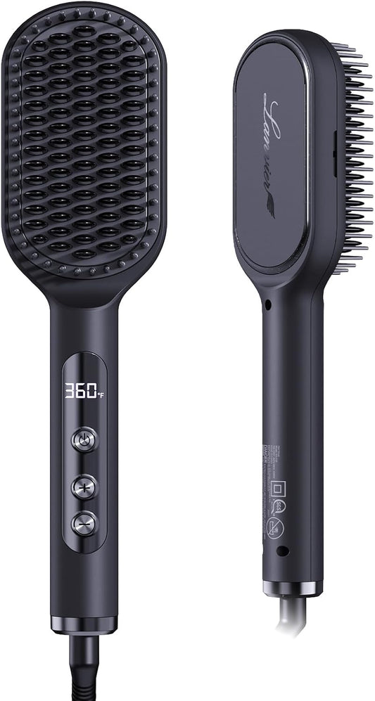 LANVIER Hair Straightener Brush, Ionic Straightening Brush with Infrared, Wide Plate Heated Smoothing Comb with Negative Ions, 32 Temps, Dual Voltage, Flat Iron Comb Styler for All Hair Type