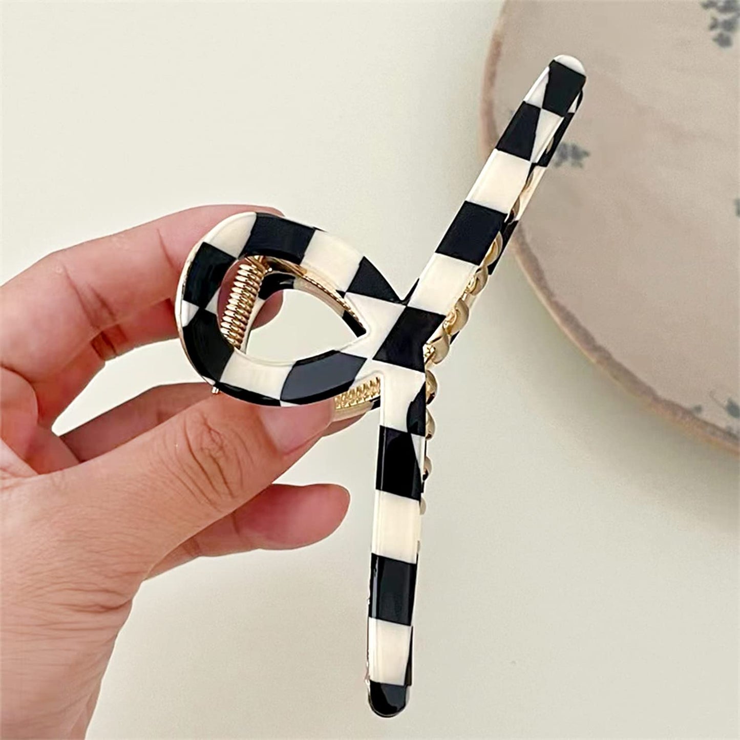 FAELBATY Hair Clip, Acetate Metal Claw Clip for Women, Strong Hold Claw for Heavy Hair, Checkerboard Pattern, 4.5" Jaw Clamp, Large Hair Accessories for Long Thick Hair