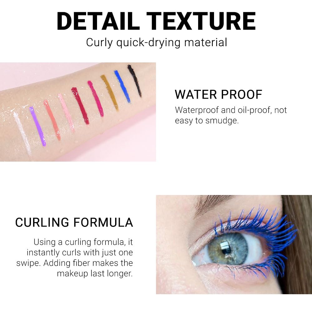Colored Bright Blue Mascara for Eyelashes with Comb Set,Colorful Waterproof Long lasting Charming Voluminous for Women Cruelty Free Vegan Eye Makeup (C-1Pc 02#blue, C)
