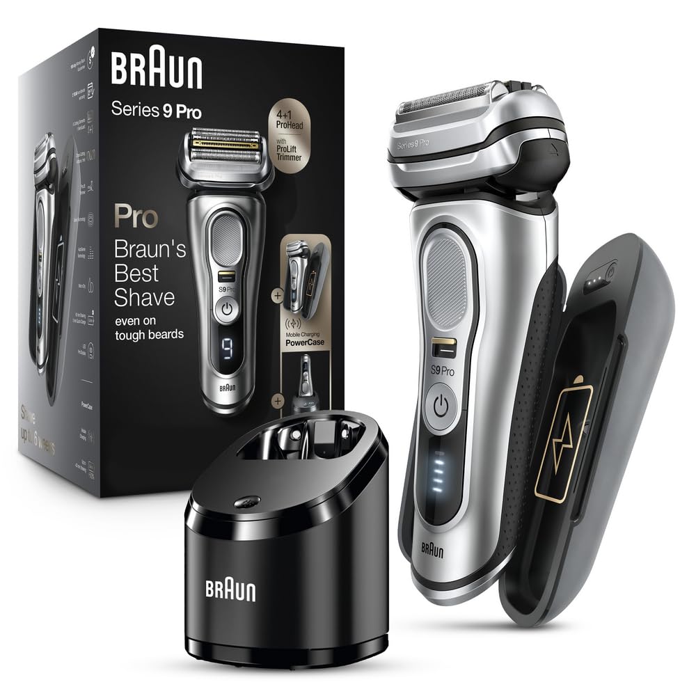 Braun Electric Razor for Men, Waterproof Foil Shaver, Series 9 Pro 9477cc, Wet & Dry Shave, with Portable Charging Case, ProLift Beard Trimmer, 5-in-1 Cleaning & Charging SmartCare Center, Silver