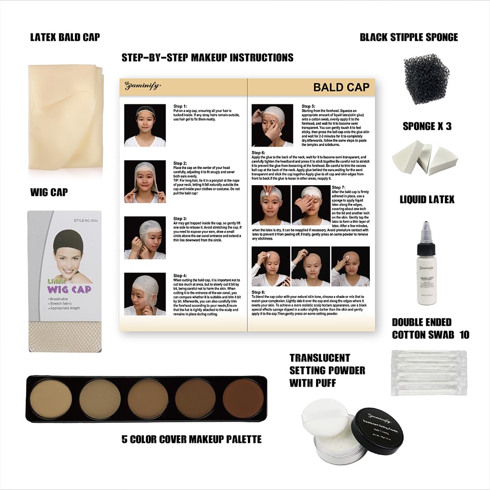 Bald Cap Kit Costume Makeup Kit for Men Adults,Complete Bald Cap SFX Makeup Kit with Tools & Instructions,Professional BaldCap for Halloween Costumes, Cosplay, and Theater