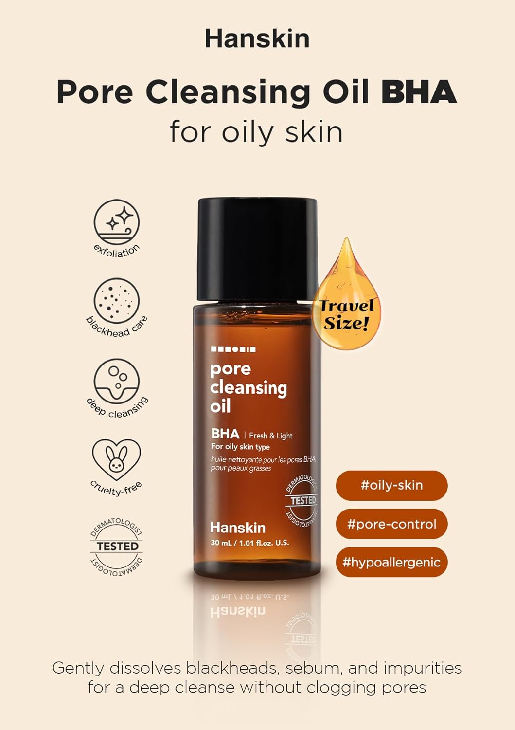 Hanskin BHA Pore Cleansing Oil, Sample Trial Size, Travel Size Mini Makeup Remover Set, Gentle Blackhead Cleanser for Combination and Oily Skin [30 ml/Pack of 3]