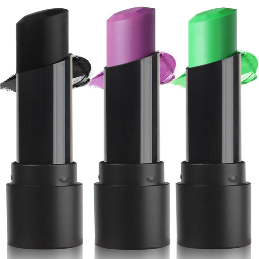 MEICOLY 3PCS Black Purple Lime Green Face Body Paint Stick Set,Face Paint for Halloween Wicked Witch,Frankenstein,Ghost,Zombie SFX Character Makeup,Elphaba Face Paint Makeup,Eye Black Stick Kit
