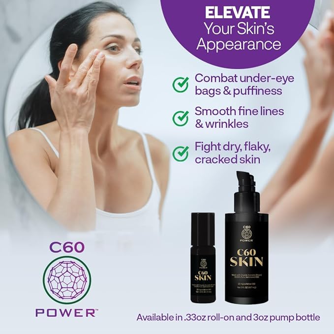 C60 Power - Skin Roll-On - Age-Defying Antioxidant Protection - Reduce Wrinkles, Heal Skin, Non-Greasy - Face, Body, Bug Bites, Scarring - Organic Avocado Oil, 99.99% Pure C60 Fullerenes