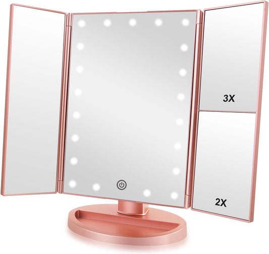 Trifold Makeup Mirror Vanity Mirror with Lights,1X 2X 3X Magnification,Touch Screen,180 Adjustable Rotation,Portable Travel Bathroom Cosmetic Mirror