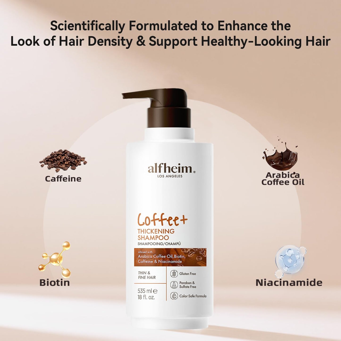 ALFHEIM Coffee+ Thickening Shampoo for Fine, Weak & Thinning Hair with Caffeine, Biotin & Arabica Coffee Oil – Energizing, Strengthening & Volumizing Cleanser – Sulfate-Free, Cruelty-Free – 18 oz