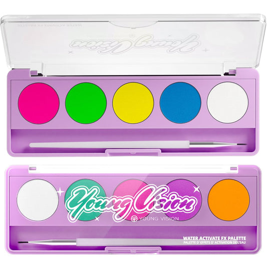 YOUNG VISION 2-PACK Water-Activated Face & Body Paint Palette Set – Neon Fluorescent, Glow Under UV and Blacklight, FX Makeup for Face Painting, Blacklight Glow, Eyeliner, and Body Art