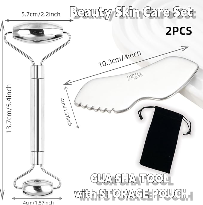 Face Roller & Gua Sha Tool, Stainless Steel Facial Roller and Guasha Tools Skin Care Roller for Wrinkles and Lifting, Improve Puffiness, Metal Face Massager for Eyes, Neck Tighten（2 Pack