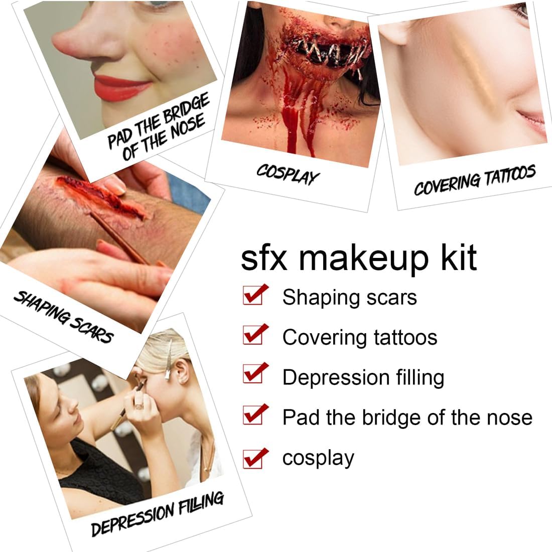 Halloween Fake Blood SFX Makeup Kit – 7PCS Special Effects Set with Fake Blood Spray, Liquid Latex+Scar Wax+Fake Blood Gel+Spatula Tool & 2 Stipple Sponges – Vampire Zombie Makeup Kit for Face & Body