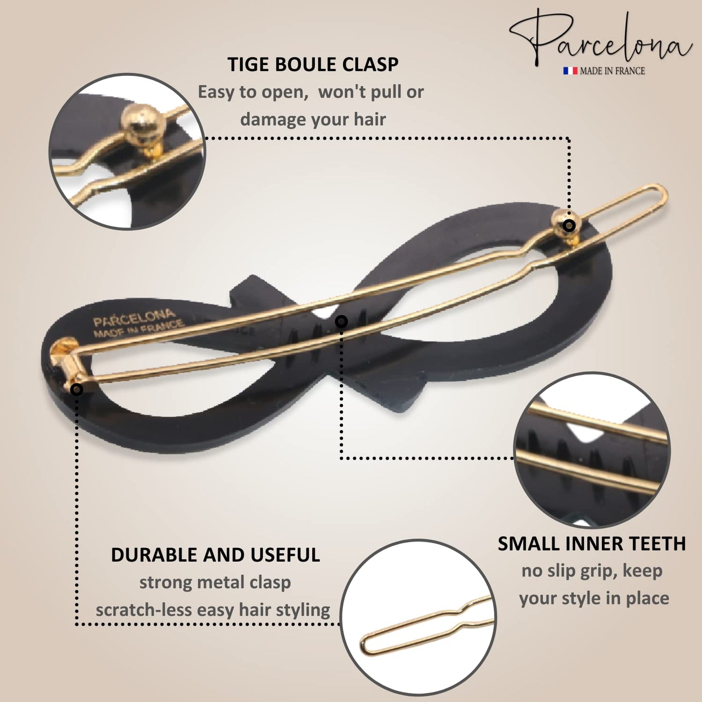 Parcelona -French Ribbon Knot Infinity 2 1/4" Small Celluloid Acetate Hair Clips with Closure Tige Boule Set of 2 Fashion Style Durable Non Slip Hair Accessories Pair