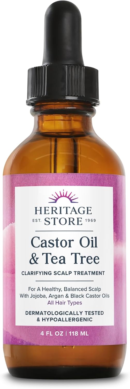 HERITAGE STORE Castor Oil & Tea Tree Oil Clarifying Scalp Treatment - Hair and Scalp Oil - w/Black Castor Oil, Organic Castor Oil, Jojoba Oil, Argan Oil - Hypoallergenic, Vegan, 60-Day Guarantee, 4oz