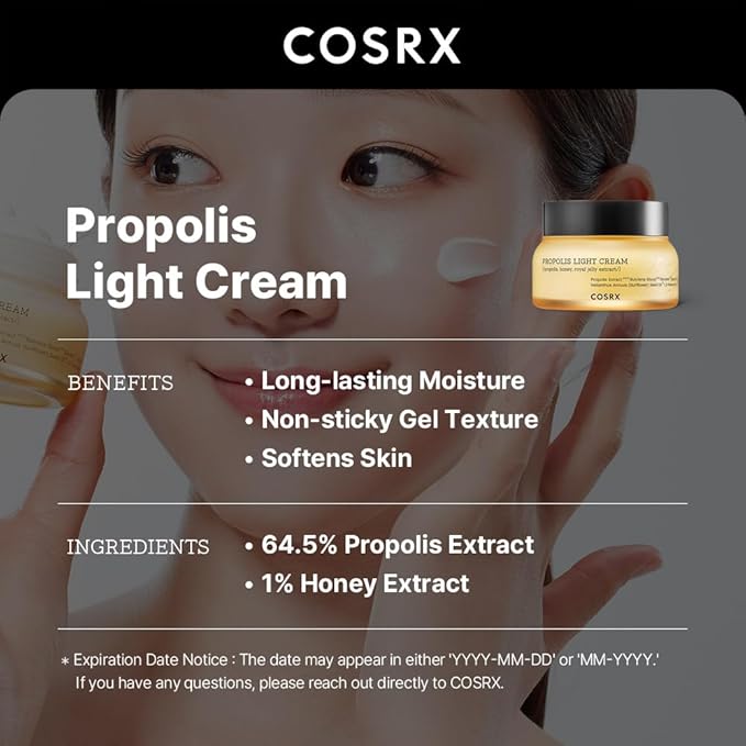 COSRX Full Fit Propolis Light Cream, 2.19 Fl.oz / 65ml, Propolis 64.5%, Hydrating Daily Day and Night Moisturiser, Korean Skin Care, Not Tested on Animals, Paraben Free