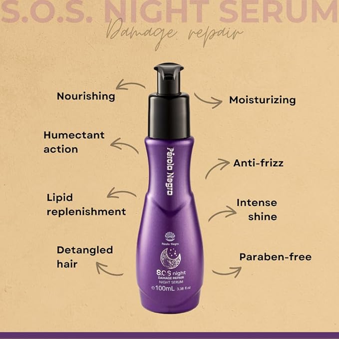 PÉROLA NEGRA S.O.S Night, Damage Repair Night Serum, Vitamin E and Argan Oil 3.38 Fl.oz - Nourishment for dry hair.