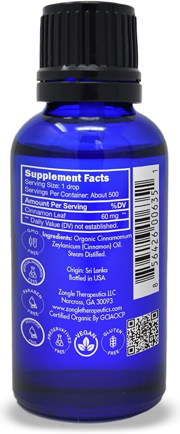 Organic, Cinnamon Essential Oil, Food Grade, for Candy, Cooking, Baking – 100% Pure, Edible, Cinnamon, Leaf, Oil, by Zongle Therapeutics, 1 OZ