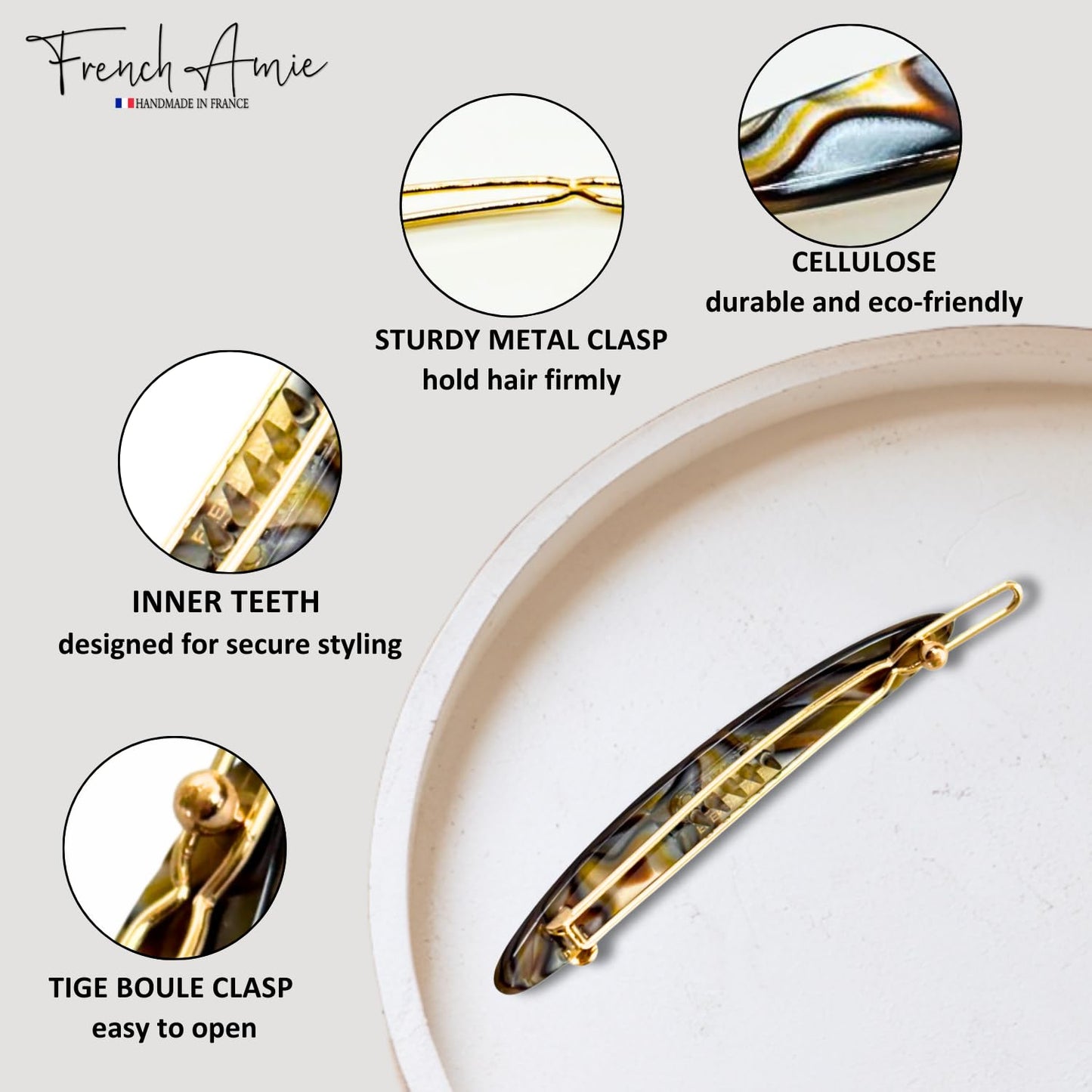 French Amie Narrow Oblong Small 2 1/4" Celluloid Acetate Set of 2 Side Slide In Hair Clip Barrettes with Tige Boule Clasp for Girls and Women, Made in France (Onyx Silver Grey)