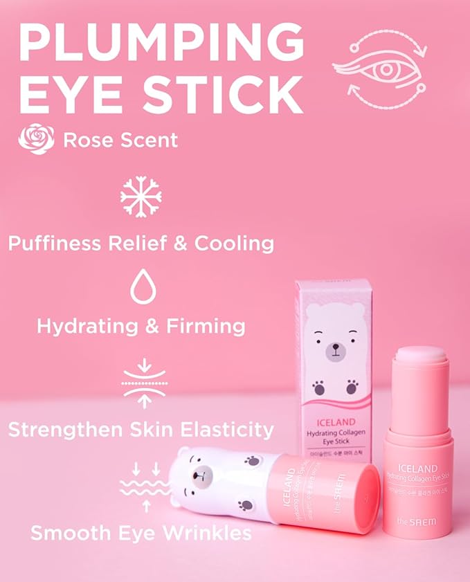 THESAEM Iceland Hydrating Collagen Eye Stick - Anti-wrinkle Moisturizing Eye Balm for Saggy Skin – Under Eye Treatment - Balm to Smooth Skin Texture - Rose Scent, 0.24oz 2 Pack