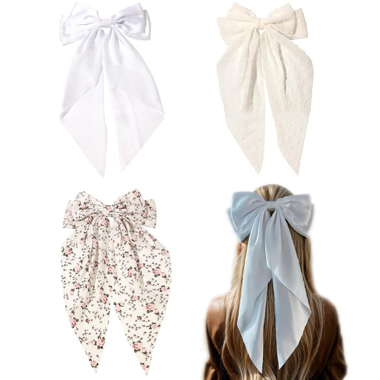 LFOUVRE Hair Accessories: Floral White Bowknot Barrettes, Dots Bow Clips with Tail, Solid Bow Hair Clips for Women and Girls, 3pcs Set
