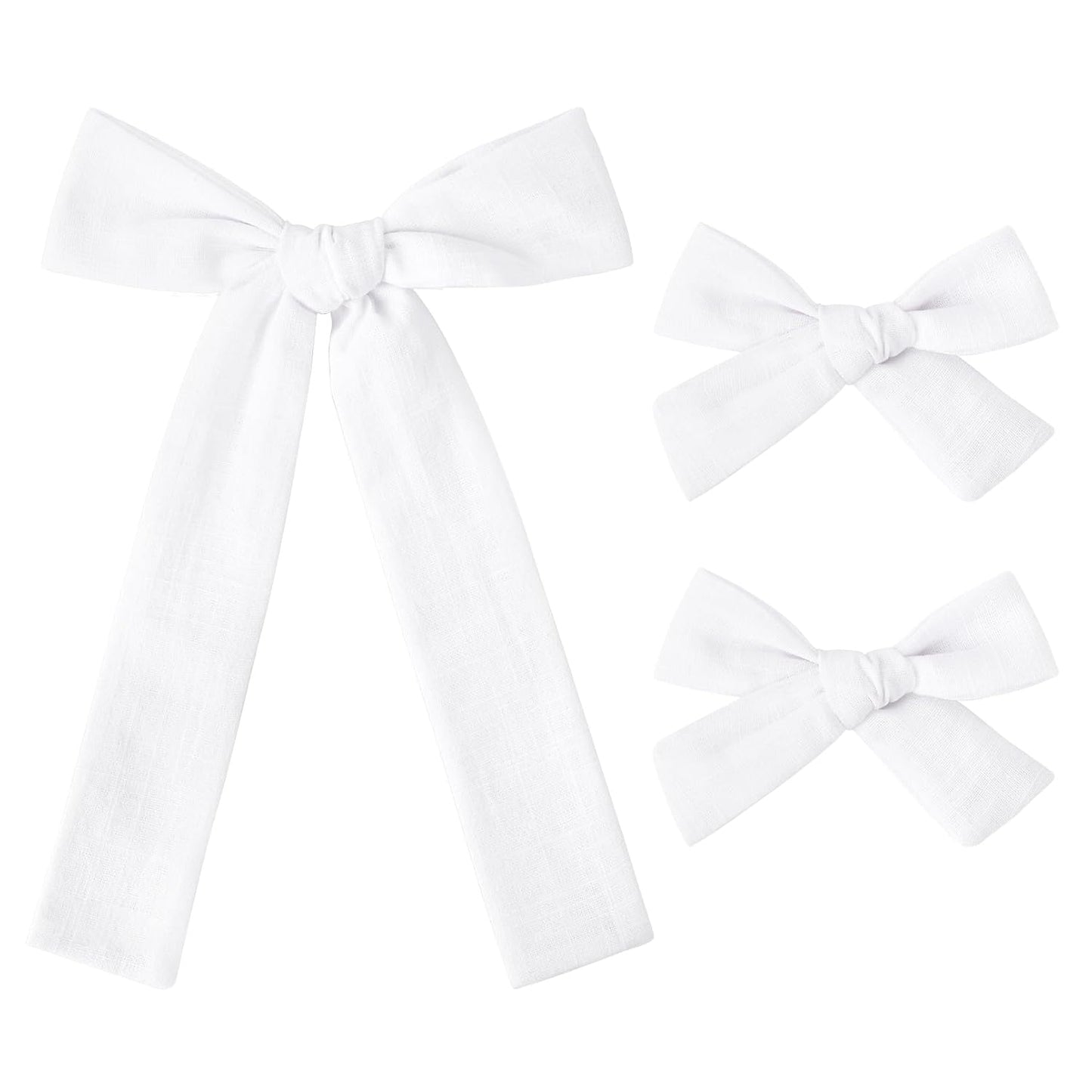DEEKA White Cotton Linen Hair Bows 2 Sizes 5"&3.5" Soft Hair Bow set for Toddler Girls Long Ponytail Knot Bows Alligator Clip Hair Accessories for Little School Girls (White)