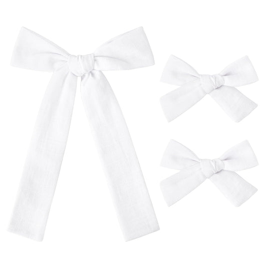 DEEKA White Cotton Linen Hair Bows 2 Sizes 5"&3.5" Soft Hair Bow set for Toddler Girls Long Ponytail Knot Bows Alligator Clip Hair Accessories for Little School Girls (White)
