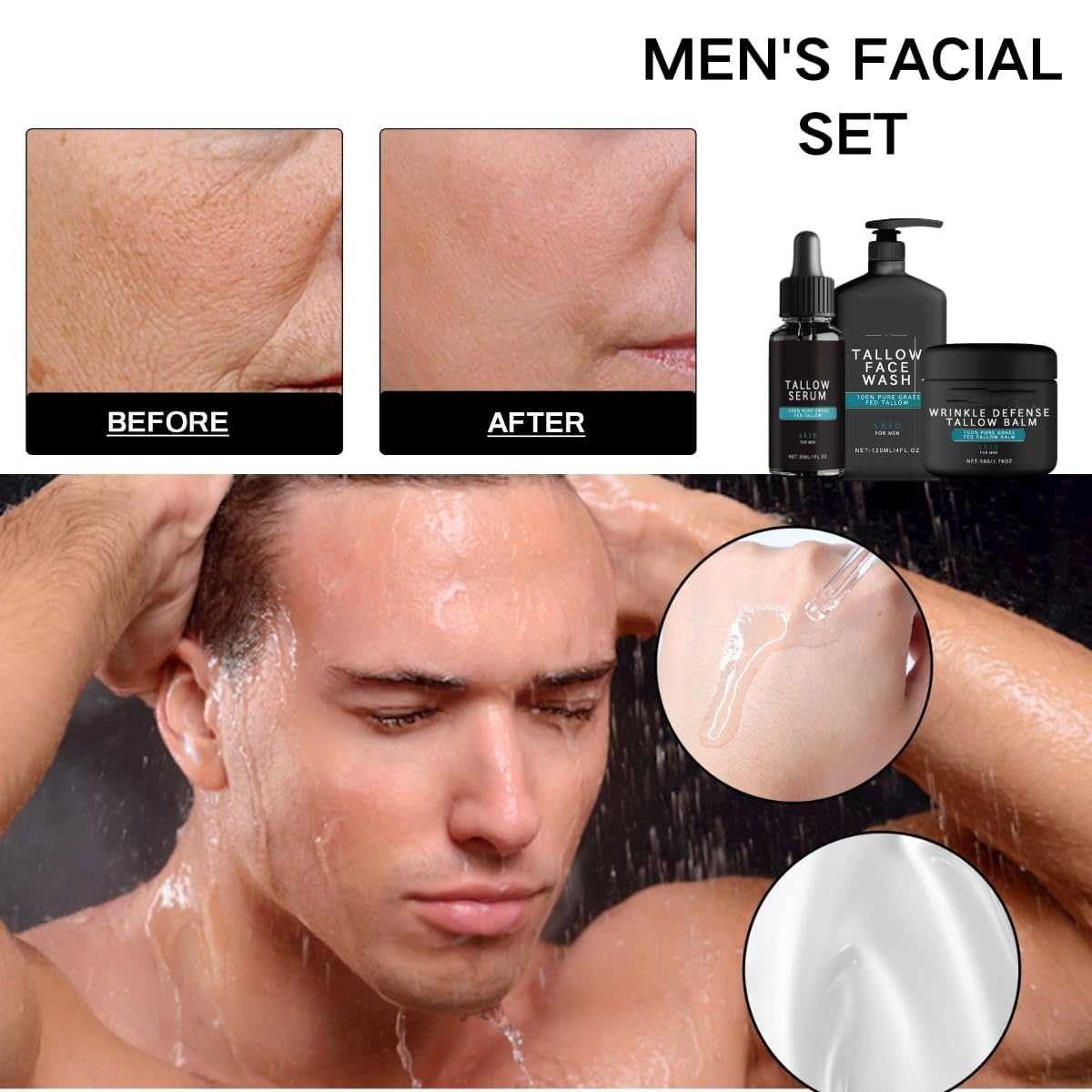 3PCS Men's Skin Care Set: Natural Tallow Anti-Wrinkle Balm, Nourishing Face Wash, Night Anti-Aging Serum, Revitalize Skin, Exclusive for Men (3PCS)