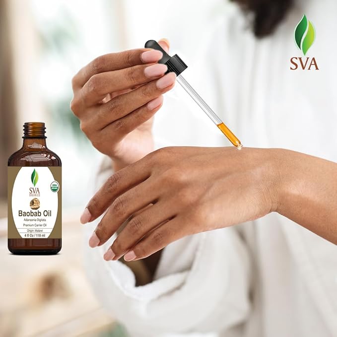 SVA Baobab Seed Oil Organic - 4 Fl Oz – 100% Natural Cold Pressed Organic Baobab Oil - for Face, Skin Care, Hair Care, Scalp Massage & Body Massage – Carrier Oil with Dropper