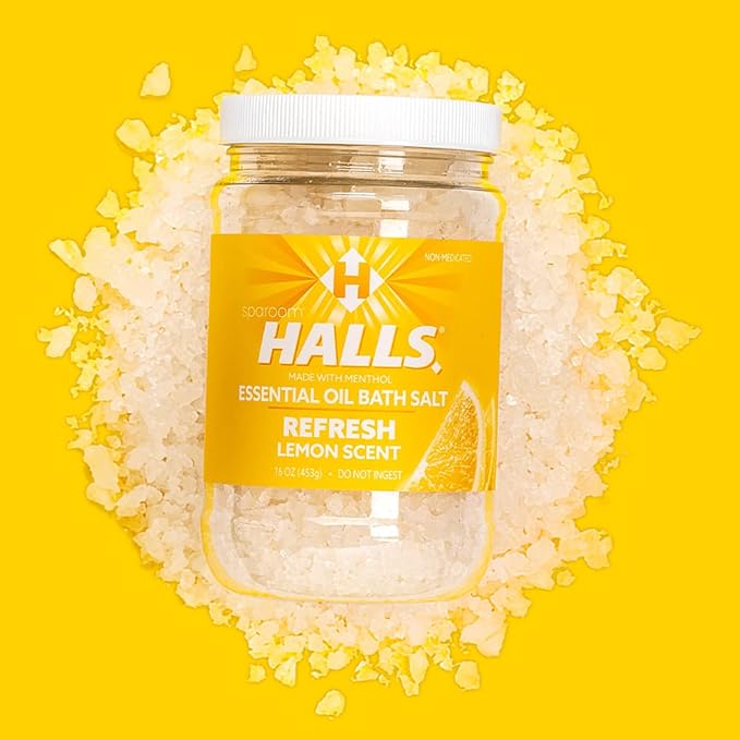 Halls Refresh Menthol with 100% Pure Essential Oils Aromatherapy Bath Salts, 16 oz, Eucalyptus, Menthol and Lemon Scent
