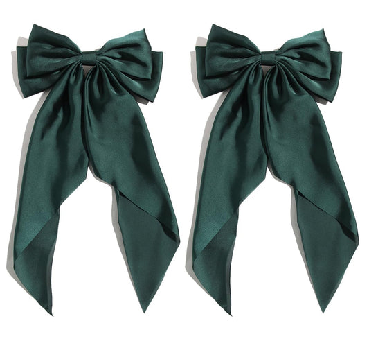 SUSULU Satin Bow Hair Clips for Women,Big Green Hair Bows Hair Slides Metal Clips Long Ribbon Hairpin Girls Barrettes Party Half-Updo Ponytail Accessories 2pcs