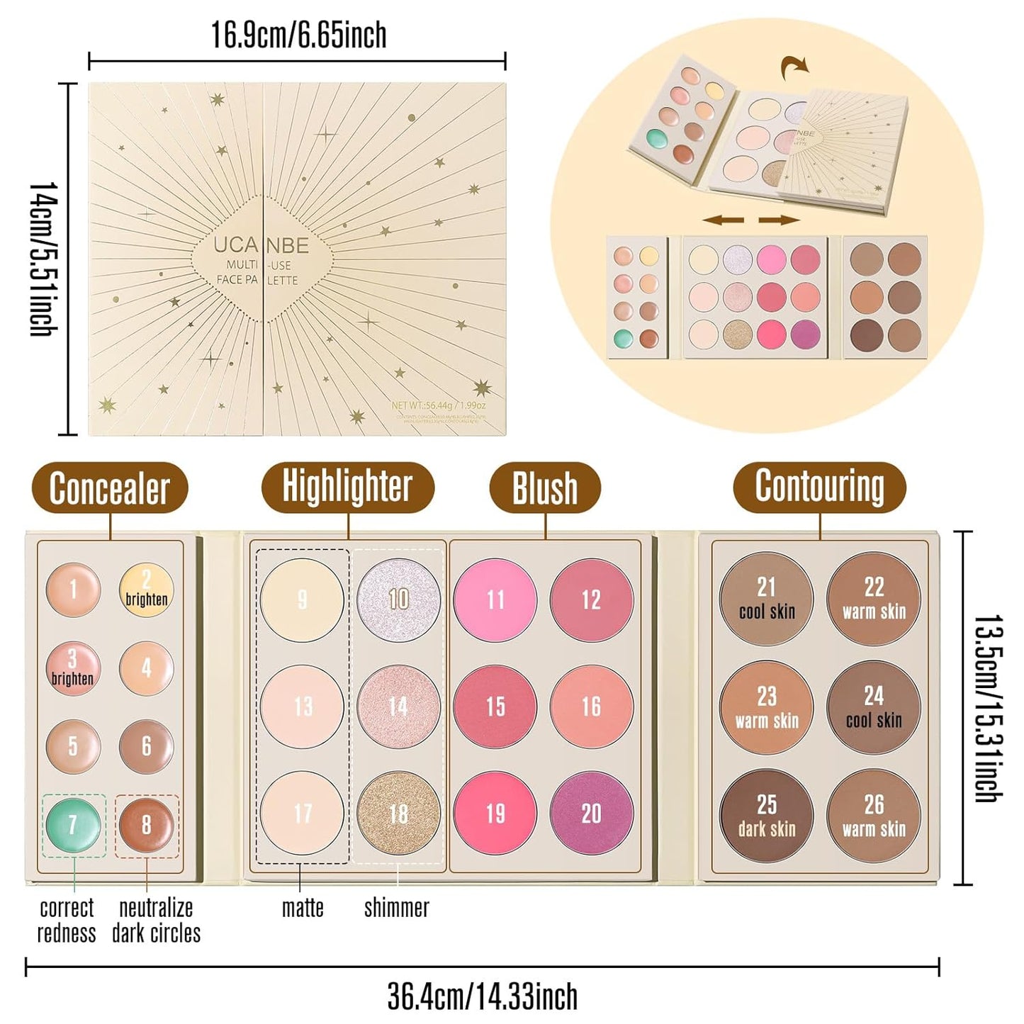 UCANBE 26 Colors 4-in-1 Multi-Use Face Palette, Long-Lasting Makeup Palette with 8 Concealers, 6 Contours, 6 Highlighters and 6 Blushes All In One Palette, High Coverage and Travel-Friendly