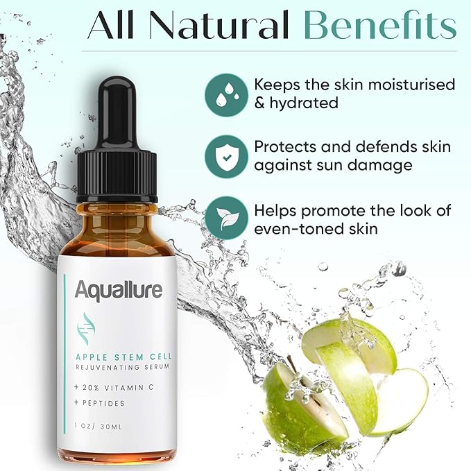 NEW! Aquallure Apple Stem Cell Rejuvenating Serum - Moisturizing Facial Treatment with Vitamin C 20%, Peptides, Hyaluronic Acid - Reduce Appearance of Fine Lines, Improve Skin Texture - 1 fl oz