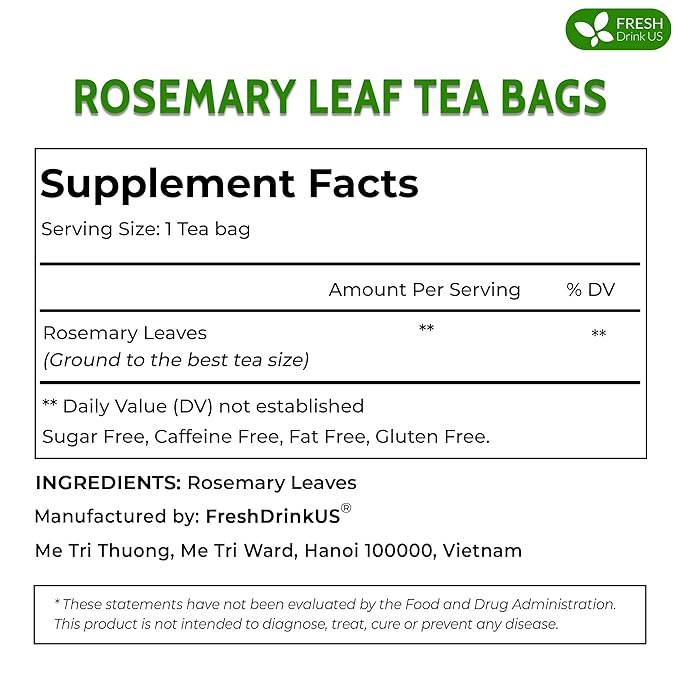 FreshDrinkUS, Premium 40 Rosemary Leaf Tea Bags, 100% Natural and Pure Rosemary Dried Leaves, Pure Rosemary Herbal Tea, No Additives, No Caffeine, No Gluten, Vegan.