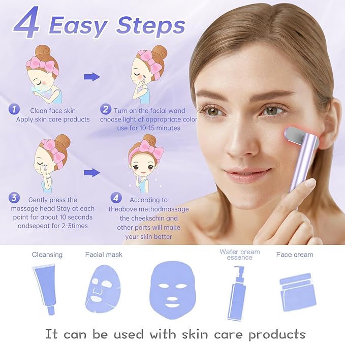 Light-Therapy-Wand, Red Light Therapy for Face and Neck Facial Wand 7 in 1 Led Beauty Wand Red & Blue Rejuvenation Face & Eye Massager Skincare Tool