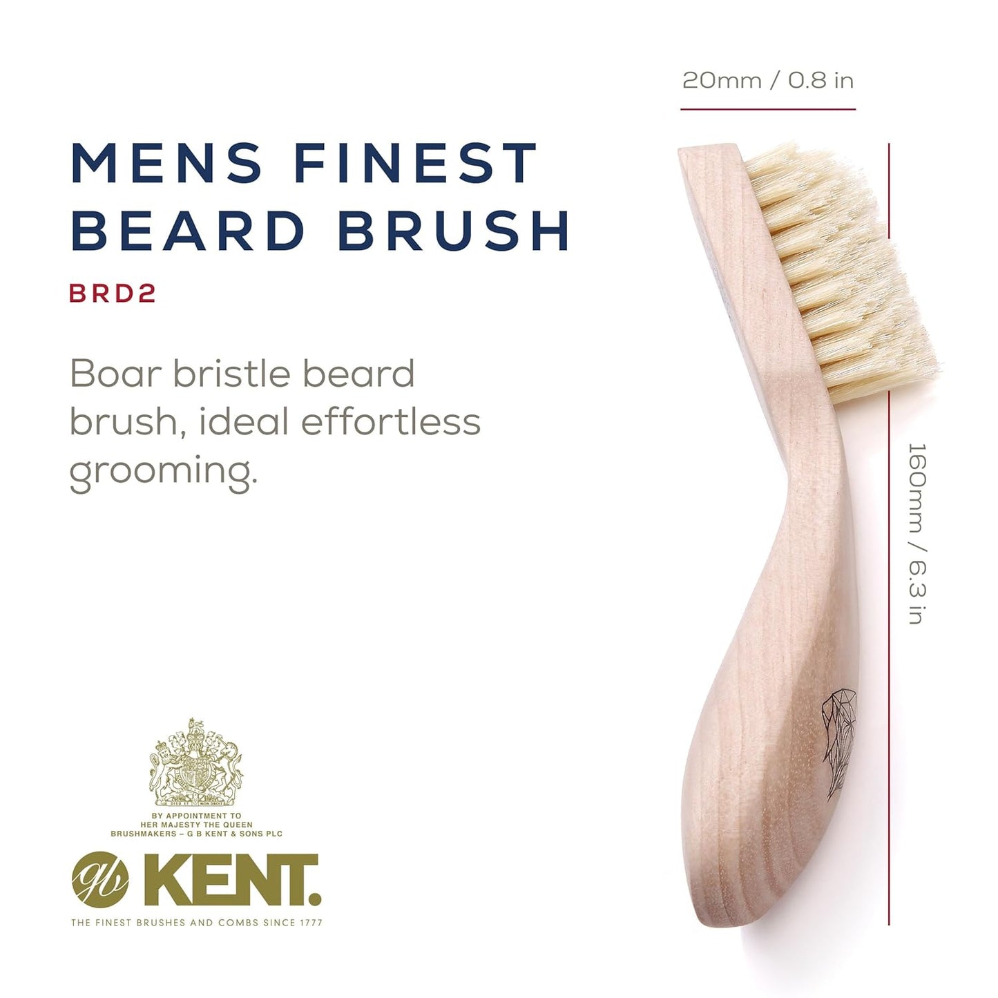 Kent BRD2 Boar Bristle Beard Brush for Men - Specially Cut Natural White Boar Bristle for Flawless Shaping and Grooming, Ergonomic Pistol-Like Grip Wood Handle, Dry or Wet Beard, Distributes Oils