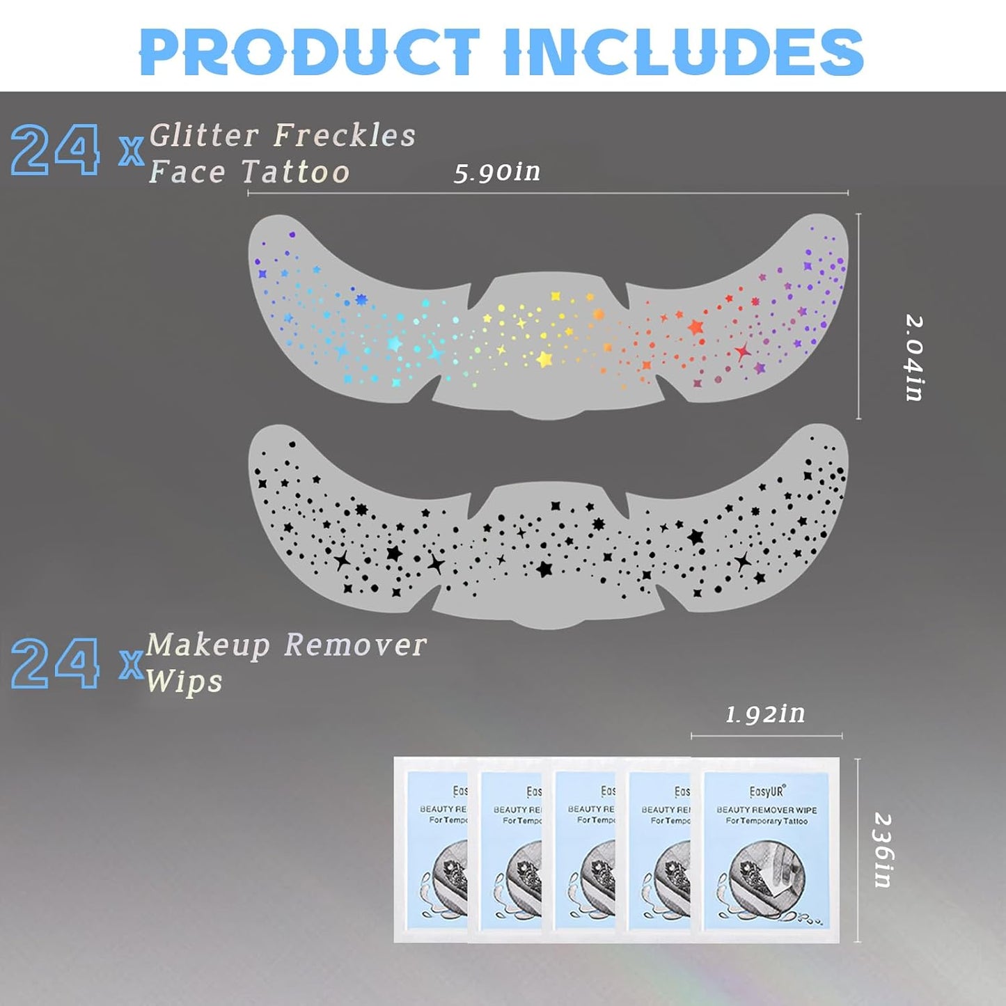 24pcs Face Glitter Freckles Tattoo, Holographic Chameleon Body Glitter Faux Freckle Stickers for Women Girls, Sparkle Star Speckles Makeup Patches Concert Festival Rave Cosplay Accessories