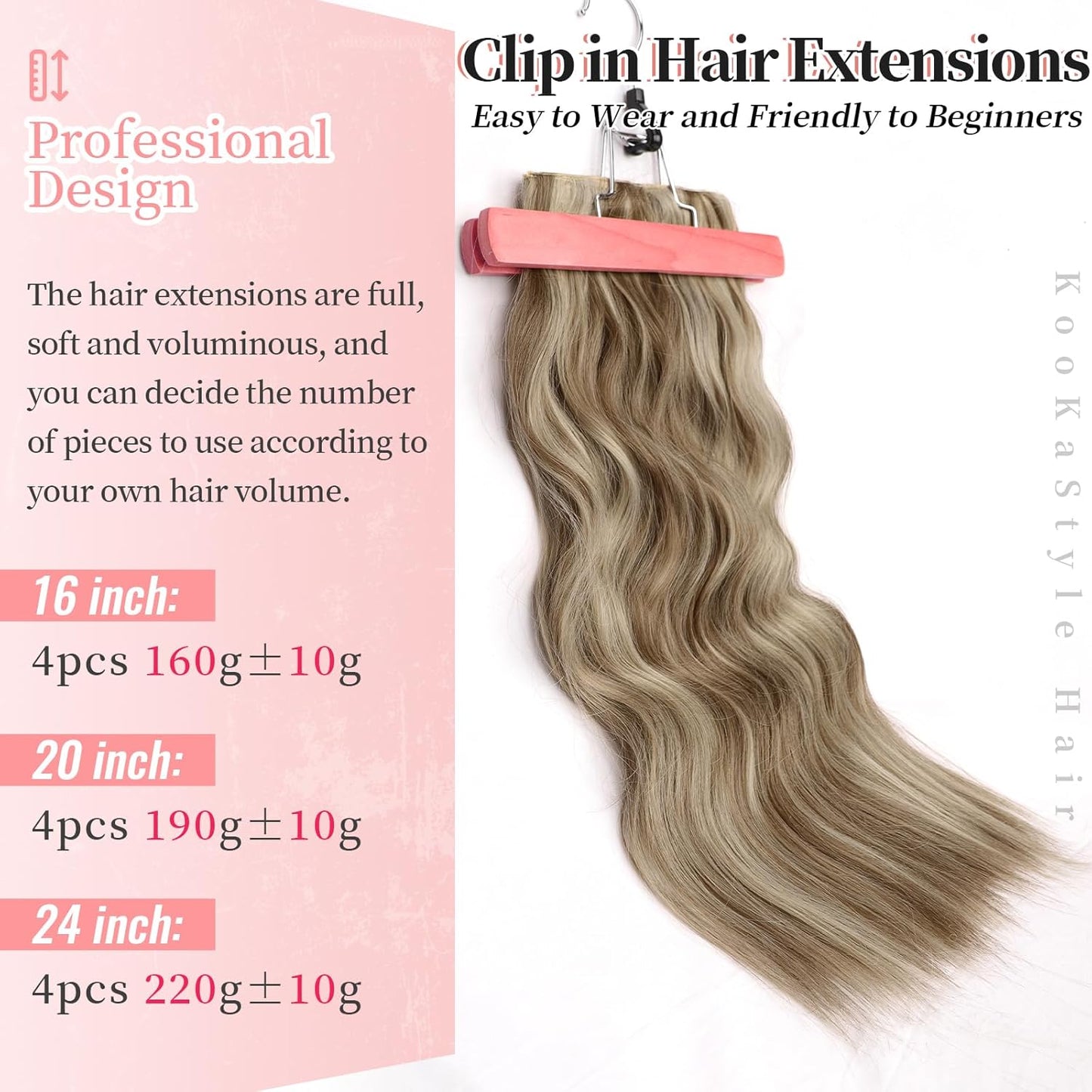KooKaStyle Clip in Synthetic Hair Extensions Long Wavy 4PCS Thick Hairpieces Ash Blonde Balayage Fiber Double Weft Natural Hair Extensions 20 Inch for Women