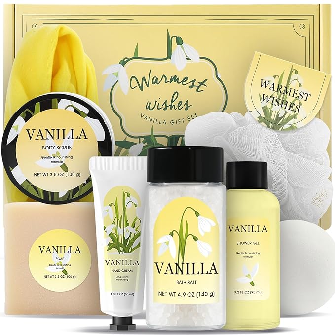 Gift Set for Women 8Pcs Bath and Body Gift Baskets for Women, Vanilla Self Care Gift Ideas Birthday Gifts Mothers Day, Christmas Gifts