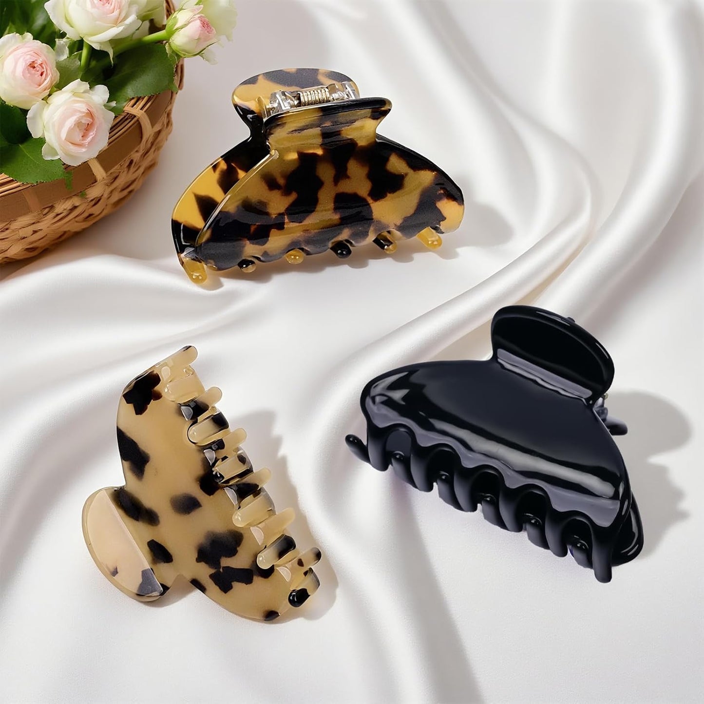 3 Pack Women's Hair Clips Set black - Vintage Tortoise & Leopard Print Non-Slip Claw Clips, Celluloid Jaw Clamps for Medium Hair Hair Accessories Gift for Women
